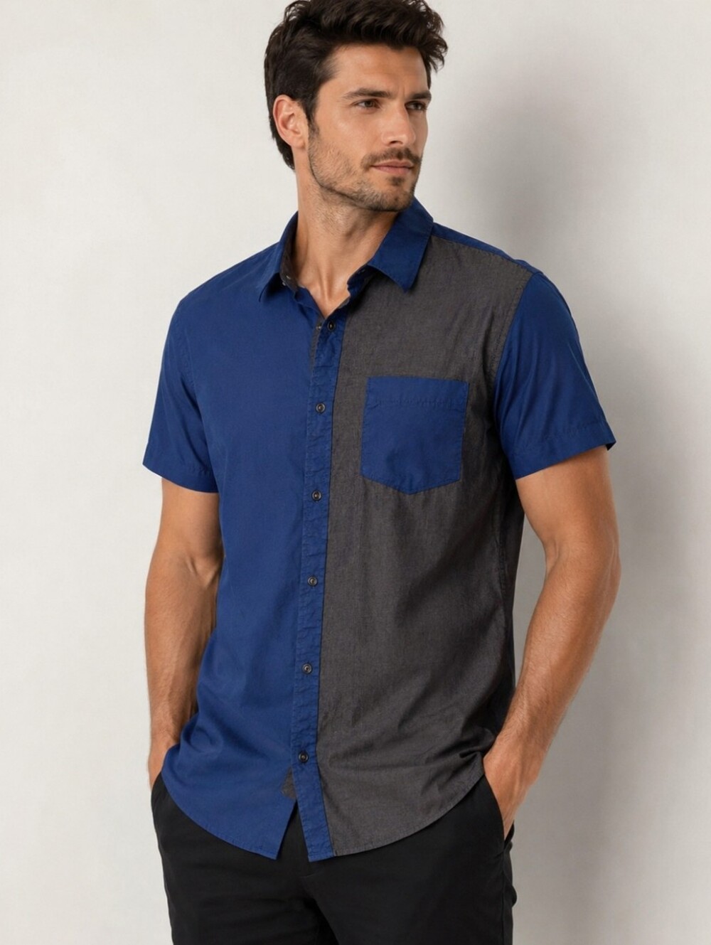 GUESS Men Slim Fit Colorblock Short Sleeve Button-Up Shirt Blue Charcoal Size L
